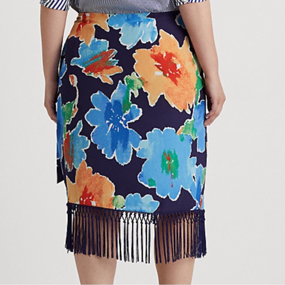 Lauren Ralph Lauren Fringe-Trim Floral Crepe Skirt NWT Faux belt - Picture 4 of 15